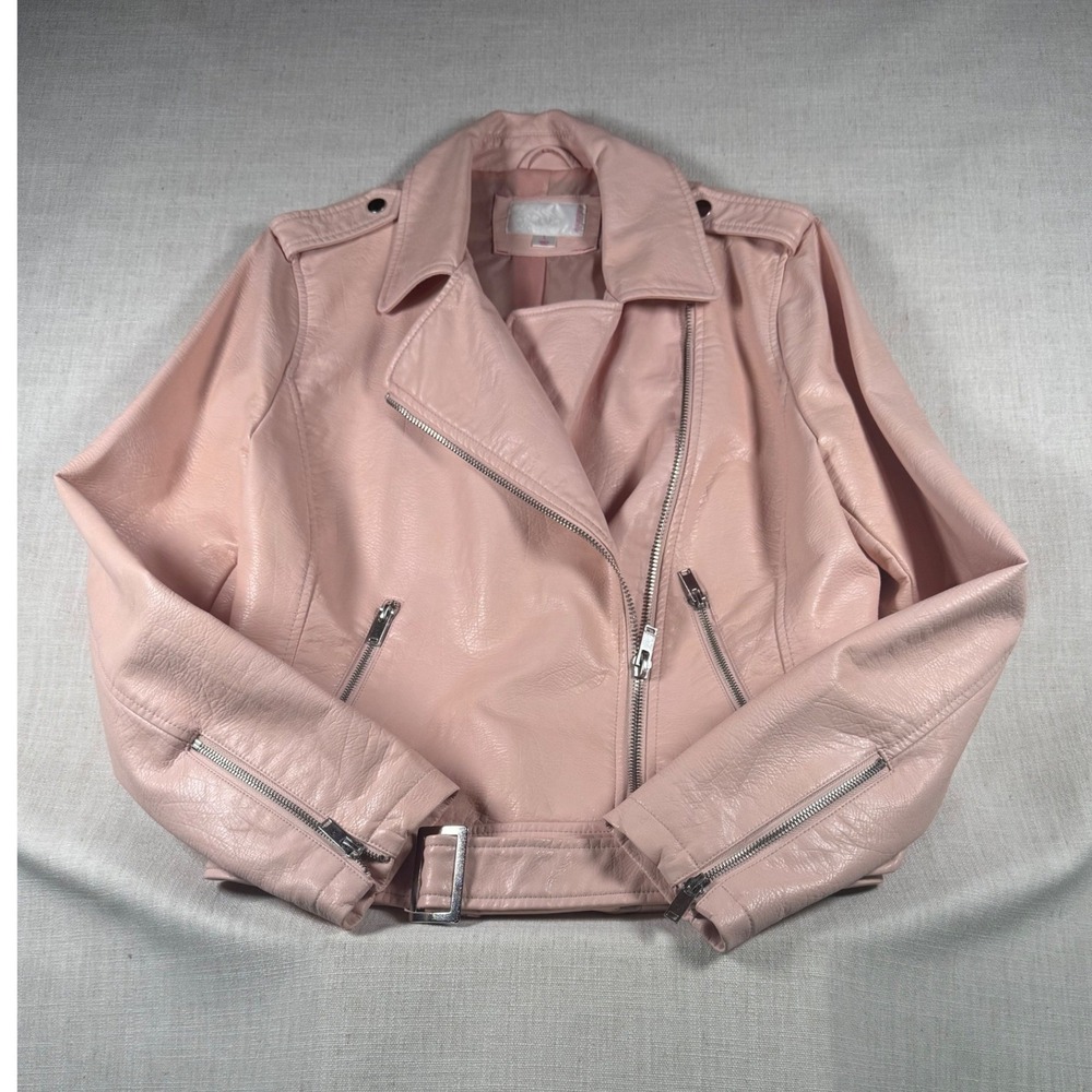 Xhilaration Pink Faux Leather Moto Jacket Womens Large Epaulets Belted Hem L